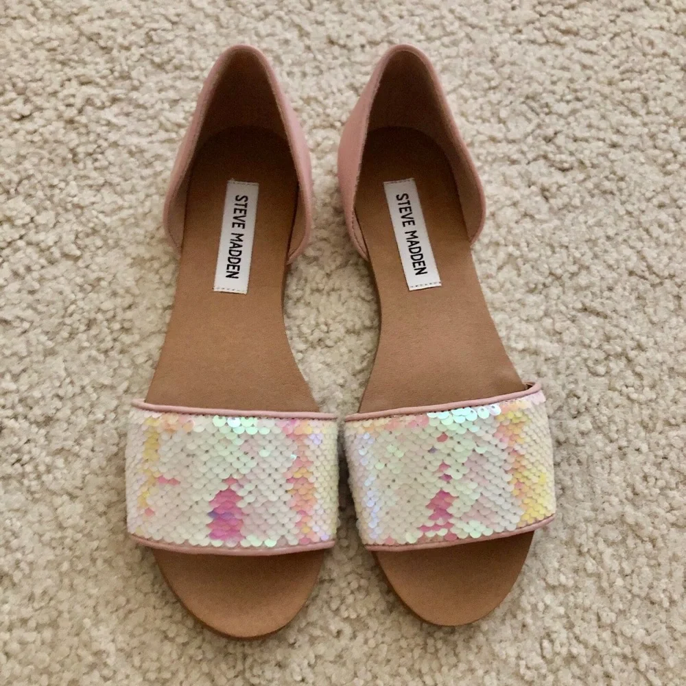 Steve Madden Women’s Sandals Sidestep Sequined Slip On Flats - Picture 8 of 14